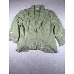 BFA Classics Blazer Jacket Womens 12 Green Floral Embroidered Linen Scallop Hem